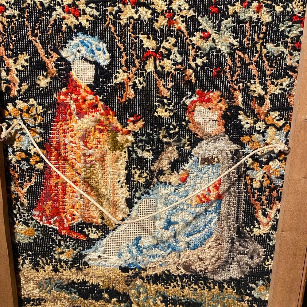 Vintage Framed Needlepoint Medieval Tapestry Wall Art Courtly Scene Dog - Picture 5 of 6